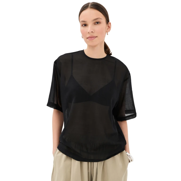 Tibi Sheer Wool Gauze Easy Tee Black XS