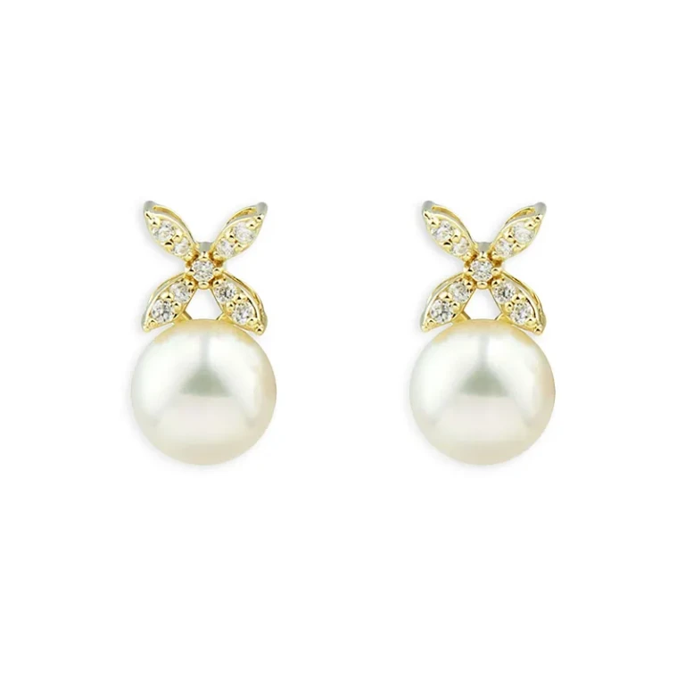 Cultured Freshwater Pearl & Diamond Stud Earrings in 14K Yellow Gold