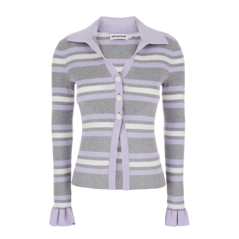 self-portrait Grey Cardigan With Spread Collar And All-over Striped Motif In Viscose Blend Woman