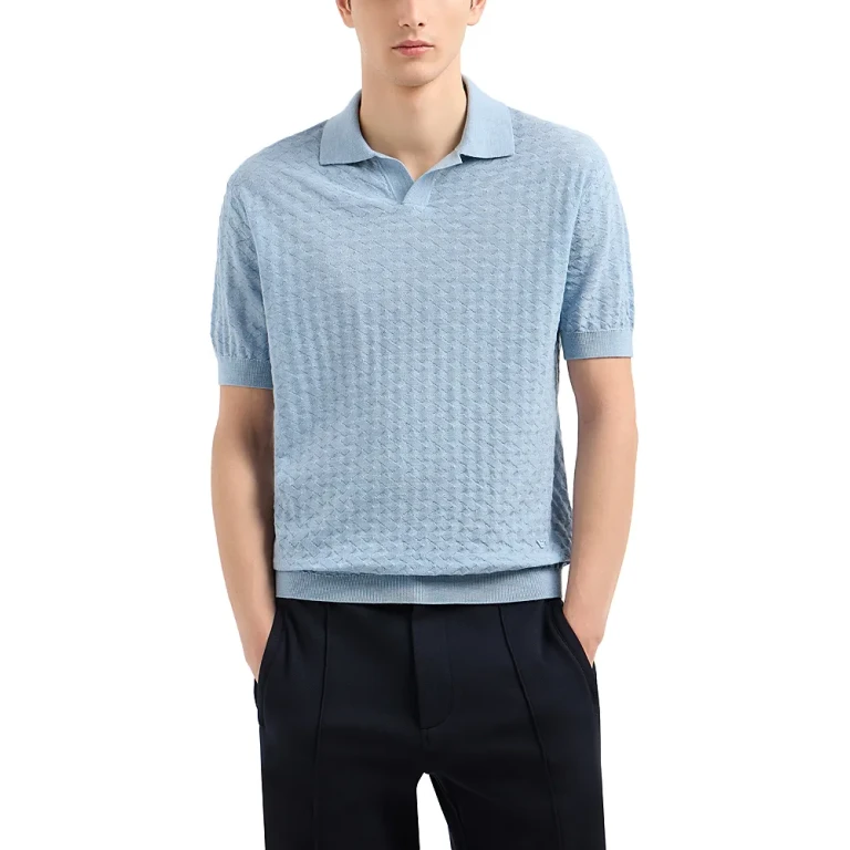 Emporio Armani Short Sleeved Knitted Wool Basketweave Pullover Polo Sweater