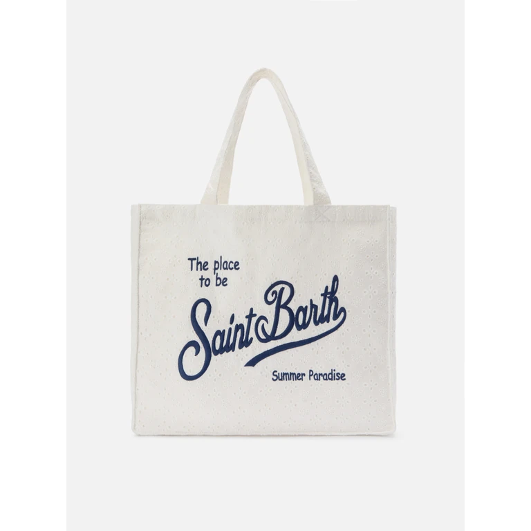 Mc2 Saint Barth Essential White Broderie Anglaise Cotton Tote Bag With Contrasting Logo - Unisex