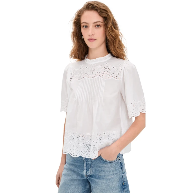 Madewell Embroidered Pintuck High-Neck Top White M