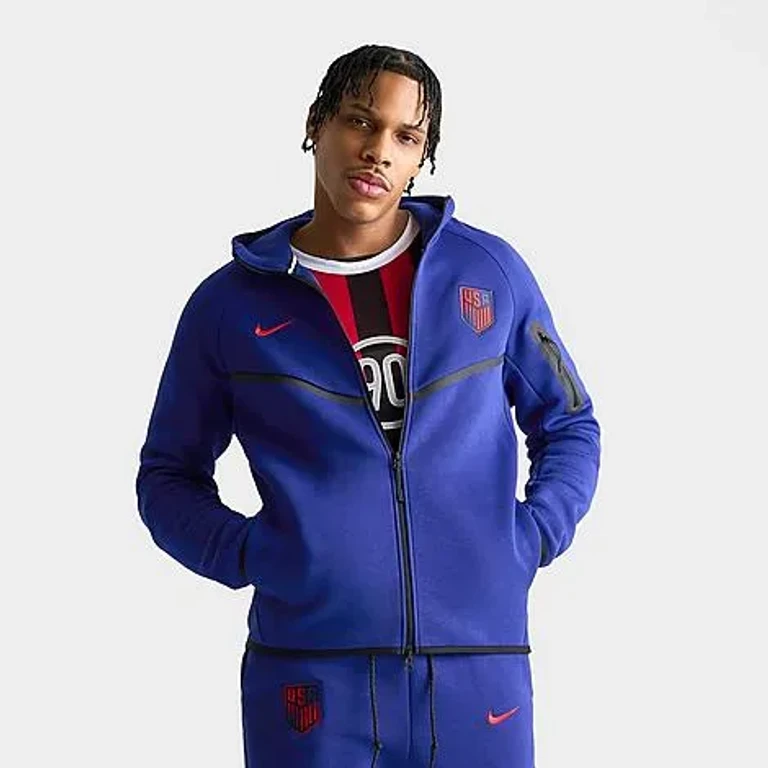 Nike Men's United States Soccer Tech Fleece Windrunner Full-Zip Hoodie in Deep Royal Blue/Challenge Red Size: Small