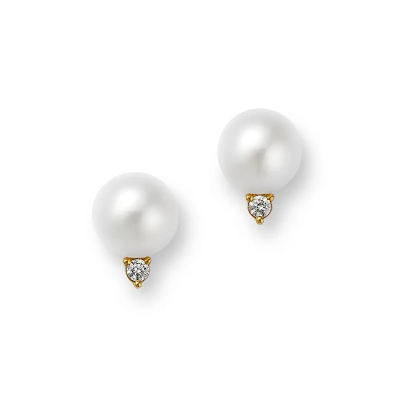Lab Grown Diamond & Cultured Freshwater Pearl Stud Earrings in 14K Yellow Gold, 0.10 tcw