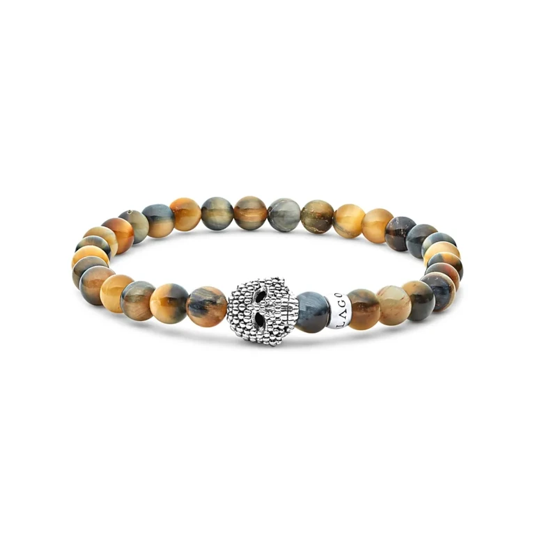 Lagos Men's Sterling Silver Anthem Tiger Eye Bead Skull Stretch Bracelet - Exclusive