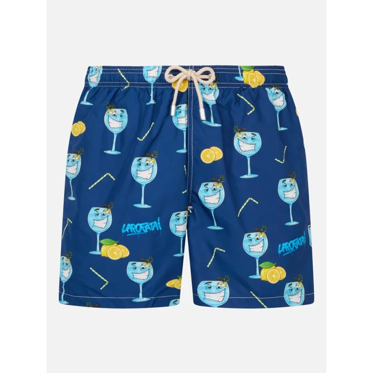 MC2 Saint Barth Lighting Swim Shorts With Cryptopuppets Gin Tonic Print In Blue Special Edition