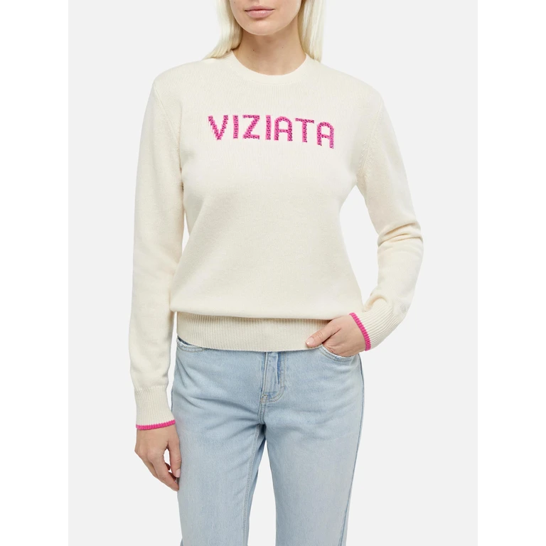 Mc2 Saint Barth Maglia New Queen Con Jacquard Viziata E Strass Bianca White Knitwear - Women