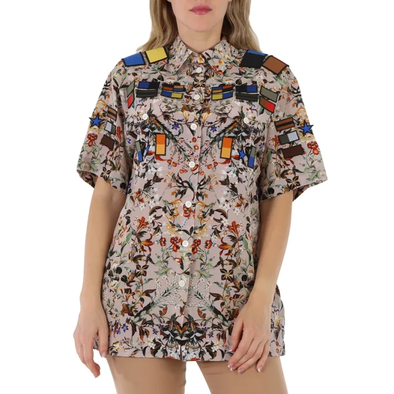 Burberry Badge Appliques Iris Floral-Print Silk Crepe De Chine Oversized Shirt