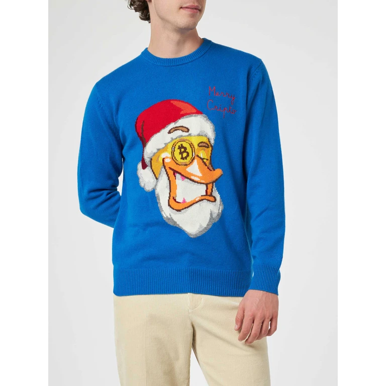 Mc2 Saint Barth Crewneck Sweater Heron With Crypto Ducky Jacquard Puppets Special Edition Sky - Men