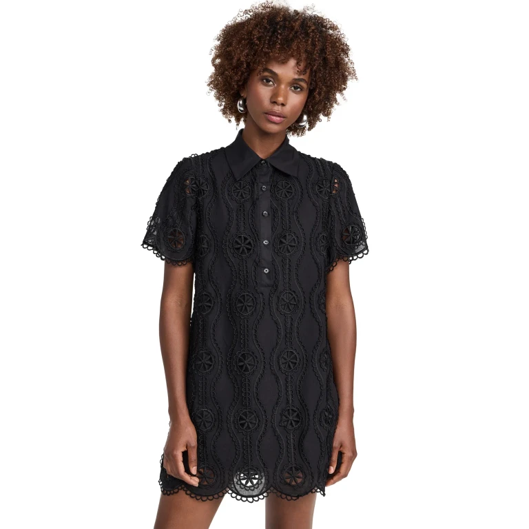 English Factory Scallop Embroidered Cotton Mini Shirt Dress Black S