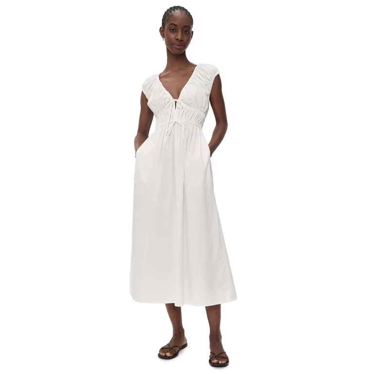 WAYF Liv Ruched Midi Dress Ivory L