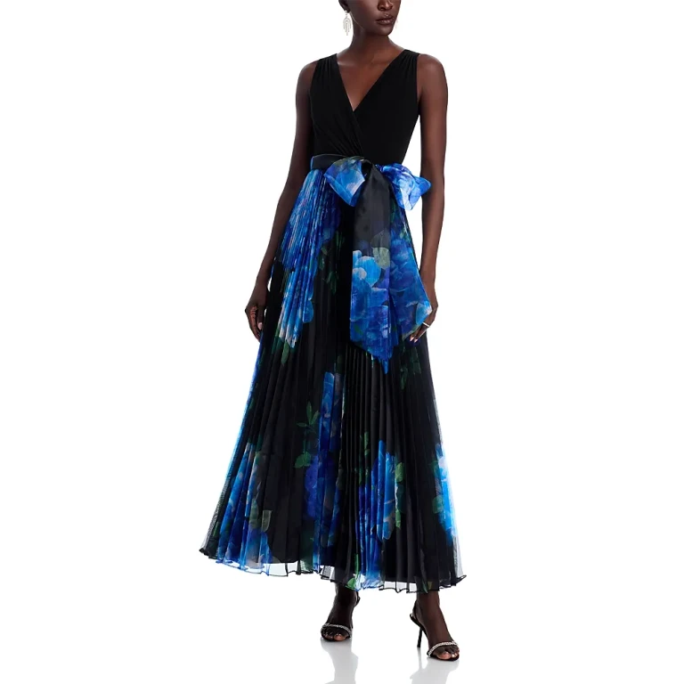 Eliza J Mixed Media V Neck Sleeveless Pleated Gown