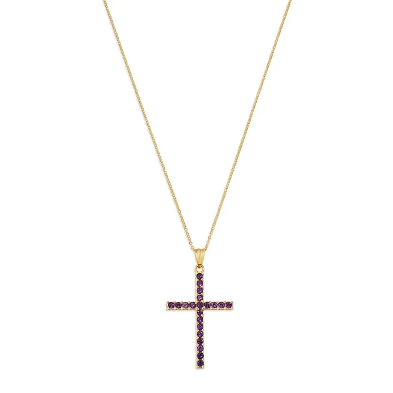 Amethyst Cross Pendant Necklace in 14K Yellow Gold, 16-18
