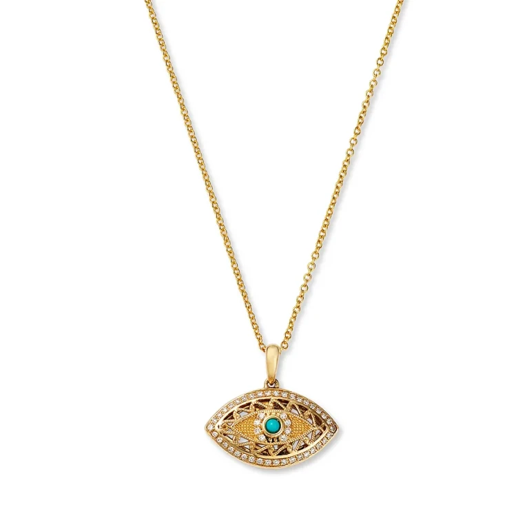 Turquoise & Diamond Evil Eye Pendant Necklace in 14K Yellow Gold, 18