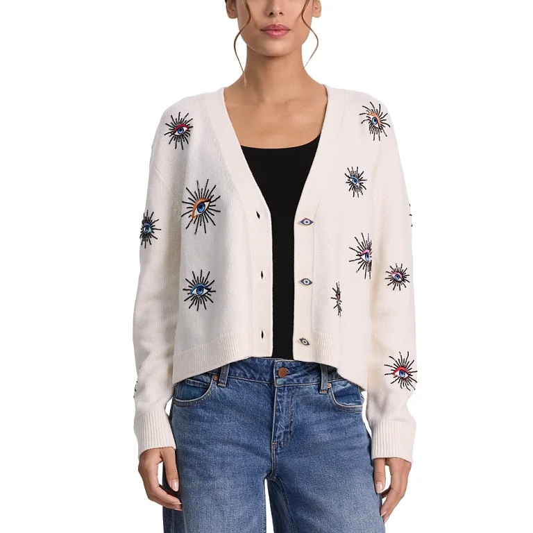 Alice and Olivia Bradley Short Embellished Merino Wool Cardigan Sweater