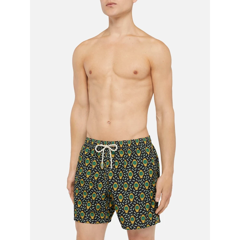 Mc2 Saint Barth Lightweight Fabric Swim Shorts Lighting With Watch Print Black Swimshort - Men