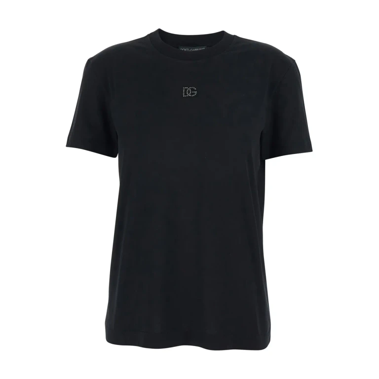 Dolce & Gabbana Black T-shirt With Logo Embroidery And Beads On The Front In Cotton For Women