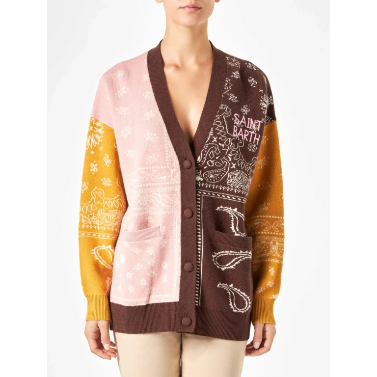 MC2 Saint Barth Chloe Multicolor Bandana Print Cashmere Blend Cardigan