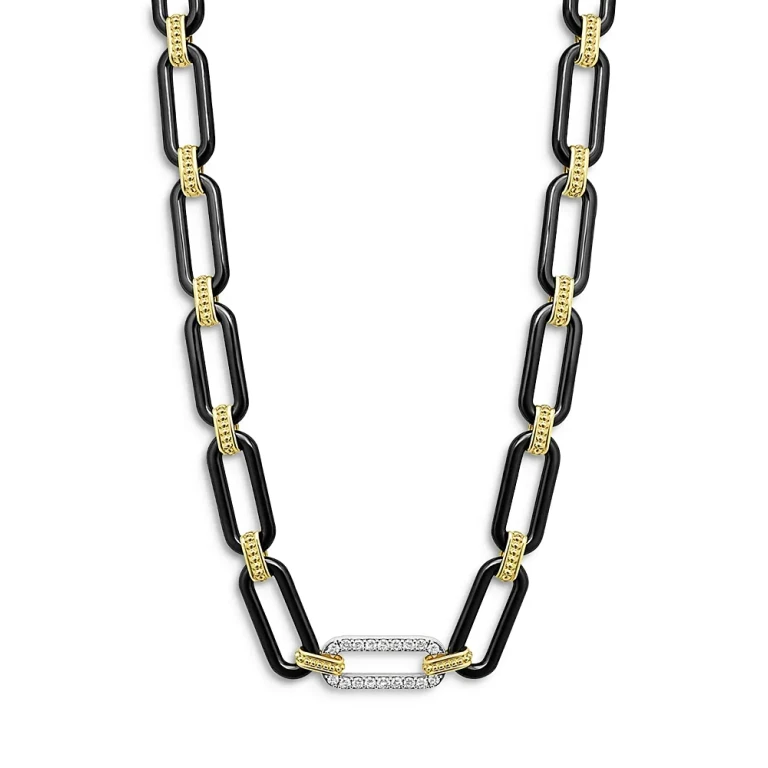 Lagos 18K Yellow & White Gold Signature Caviar Diamond & Black Ceramic Station Link Necklace, 18
