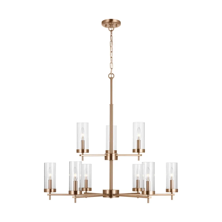 Satin Brass Nine Light Chandelier from the Zire Collection