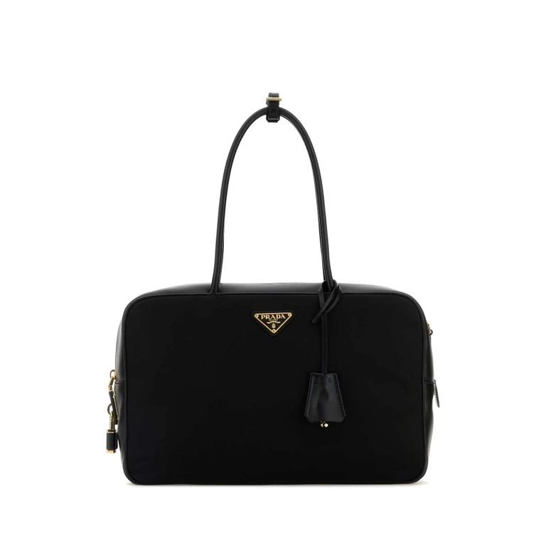 Black Leather And Re-nylon Handbag