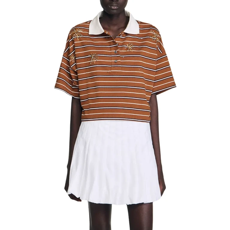 Sandro Striped Rhinestone Polo Tee