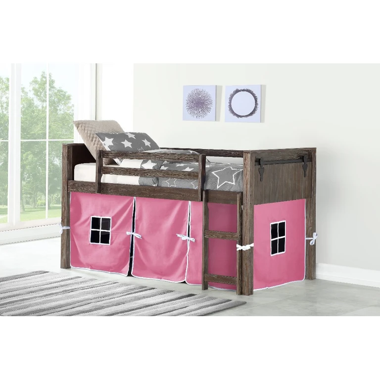 Brushed Brown Twin Loft Bed with Pink Tent - Barn Door