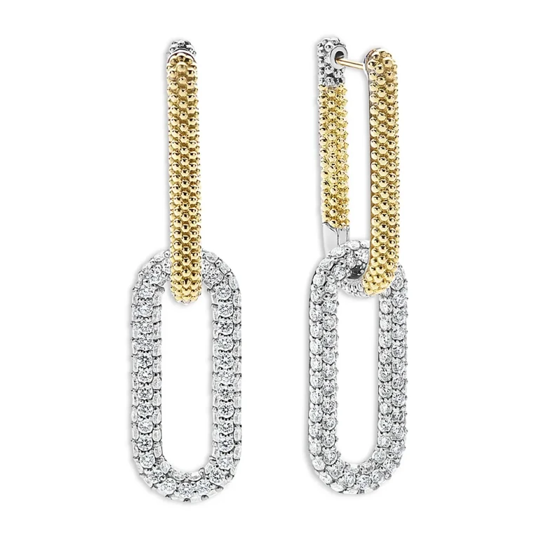Lagos 18K Yellow Gold & Silver Caviar Lux-Clip Diamond Link Drop Earrings - Exclusive