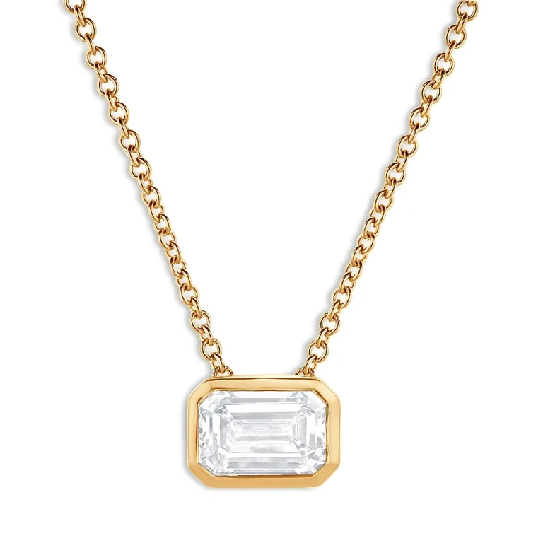 Certified Lab Grown Emerald Cut Diamond Bezel Set Pendant Necklace in 18K Yellow Gold, 2.0 tcw