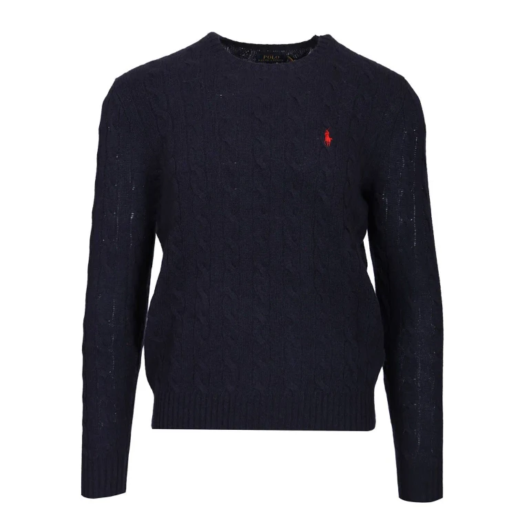 Polo Ralph Lauren Blue Crew Neck Sweater With Cable Knit And Pony Embroidery On The Front In Wool And Cashmere For Men