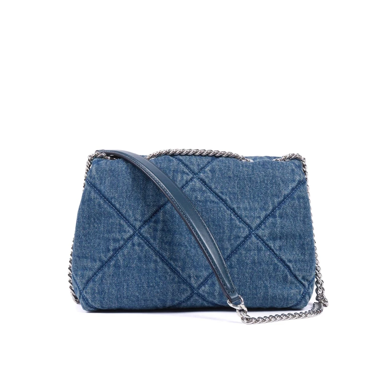 Tory Burch Kira Diamond Quilt Denim Small Convertible Shoulder Bag Blue Cross - Women