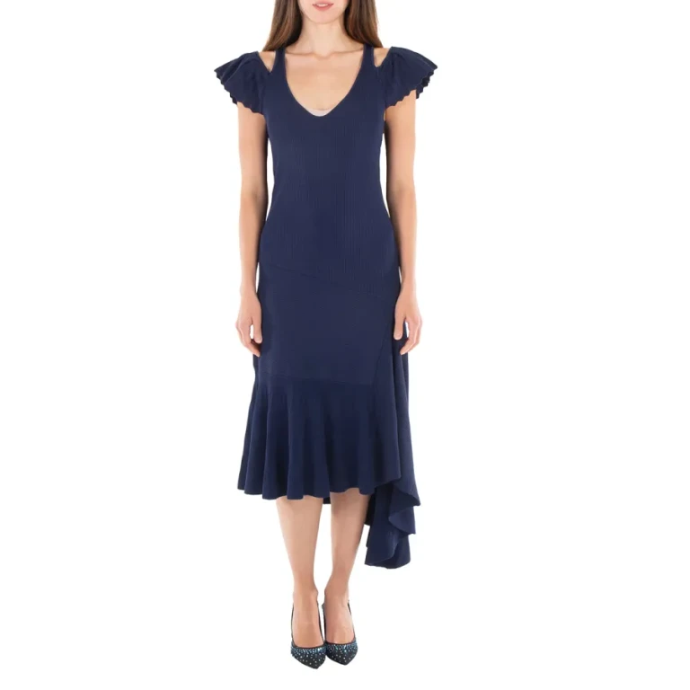 JW Anderson Navy Blue Ribbed Ruffle Dress