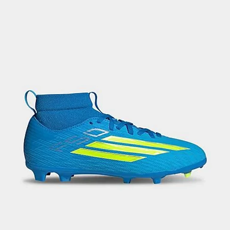 Little Kids and Big Kids F50 League Mid Cut Firm Ground and Multi Ground Soccer Cleats in Lucid Ray Blue/Team Solar Yellow/Lucid Aquamarine Size: 1.0