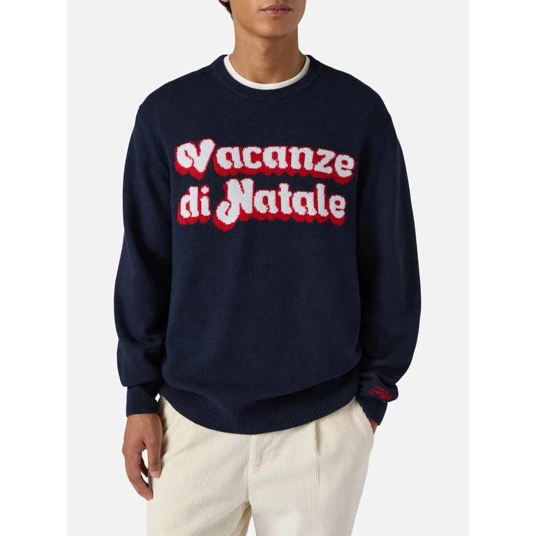 Mc2 Saint Barth Blue Crewneck Heron With Vacanze Di Natale Logo Jacquard Special Edition - Men