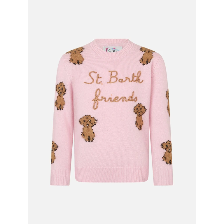 Mc2 Saint Barth Girl Crewneck Soft Ribbed Sweater With St. Barth Friends Embroidery Pink