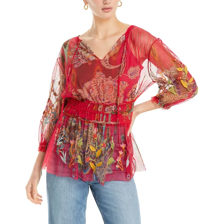 Johnny Was Feather Lark Embroidered Mesh Blouse