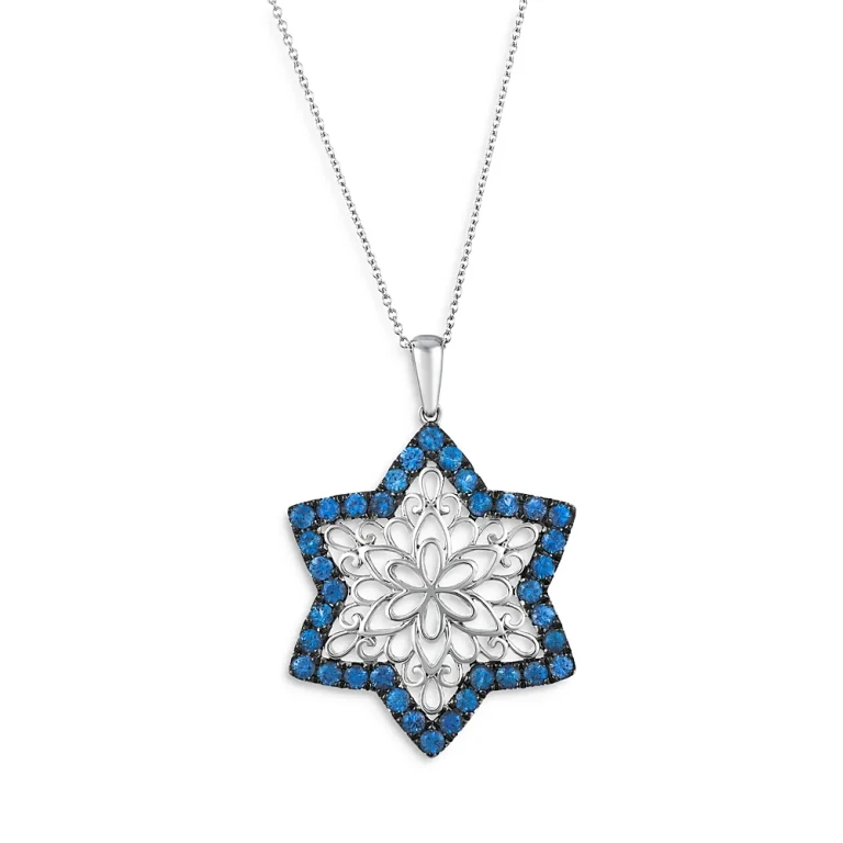 Blue Sapphire Star Filigree Pendant Necklace in 14K White Gold, 20