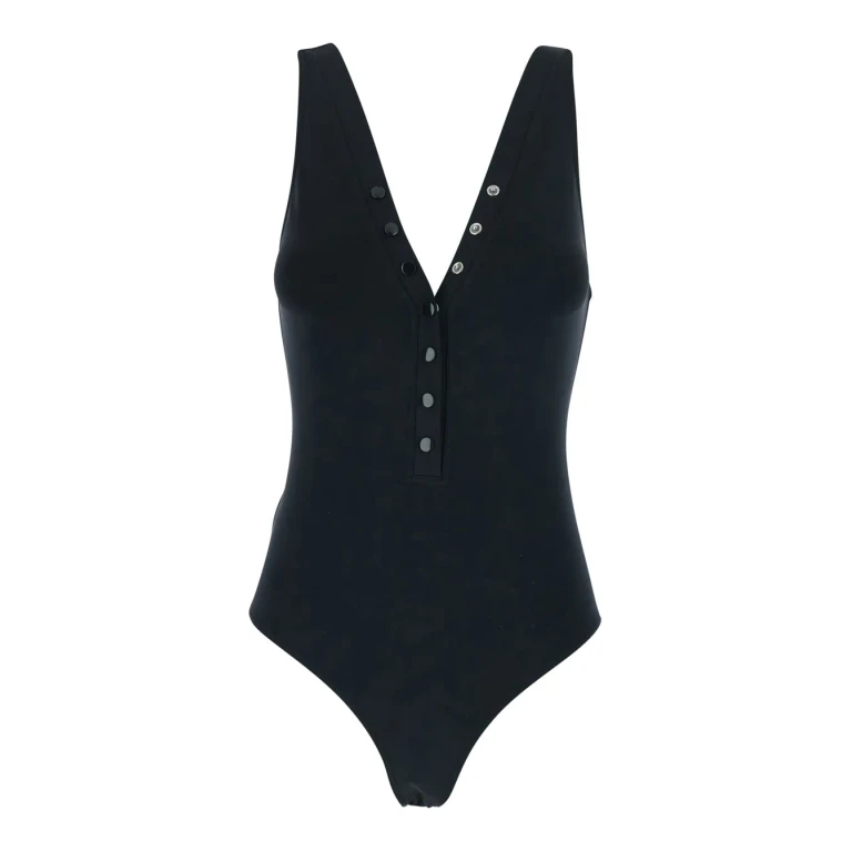Eres icone Black One-piece Swimsuit With V-neck And Stud Decoration In Tech Fabric For Women