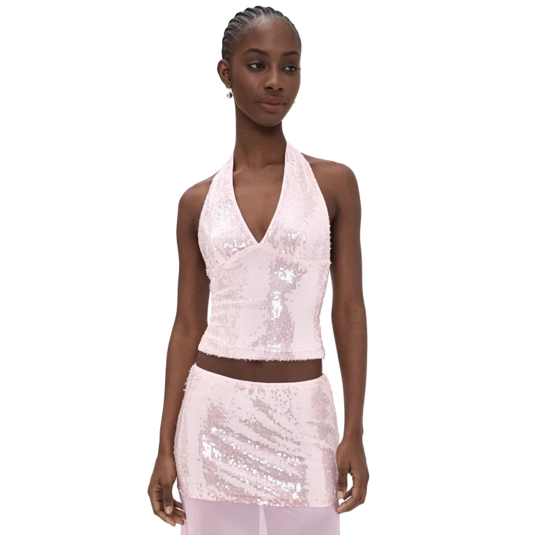 Runaway the Label Adeluna Deep Plunge Halter Top Light Pink M