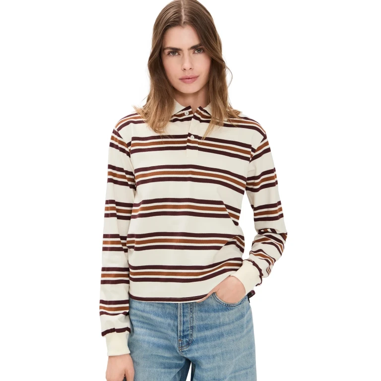 Lioness Leisure Long Sleeve Polo Coffee Stripe XS