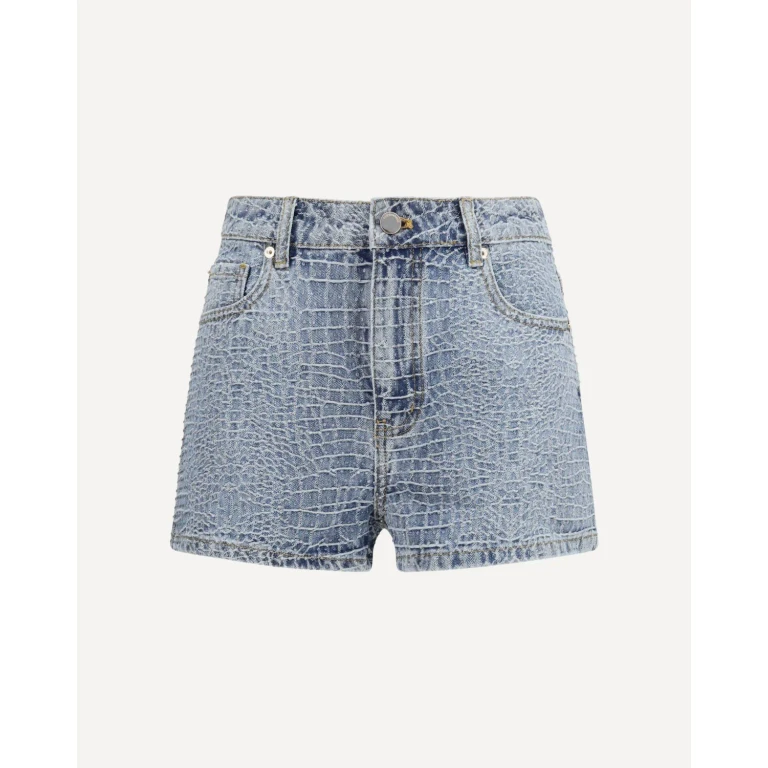 SELF-PORTRAIT Denim Shorts with croc effect and rhinestones Female 25