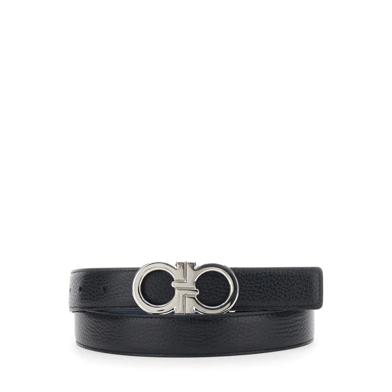 Ferragamo Black Reversible Belt With Gancini Buckle In Hammered Leather For Men