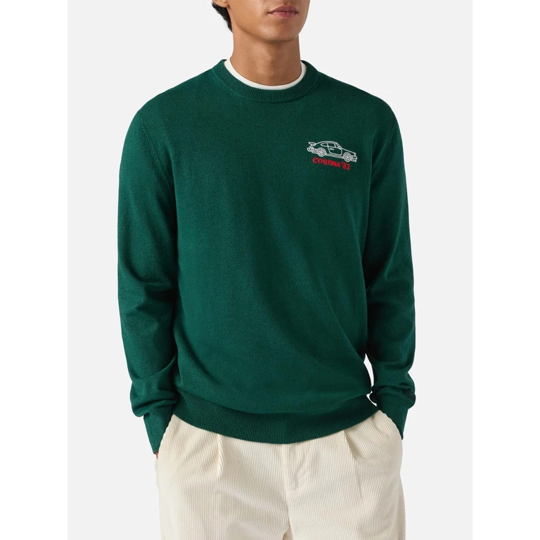 Mc2 Saint Barth Crewneck Sweater Heron Light With Cortina 83 Embroidery Green - Men
