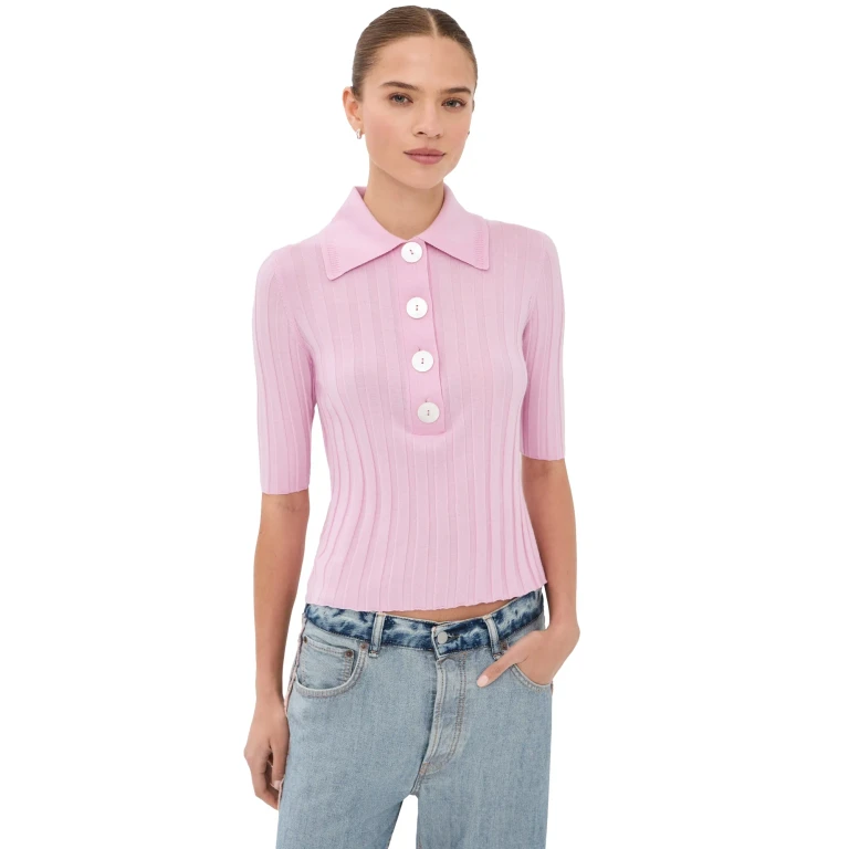 Nackiye Sugarman Short Sleeve Polo Knit Top Rose L