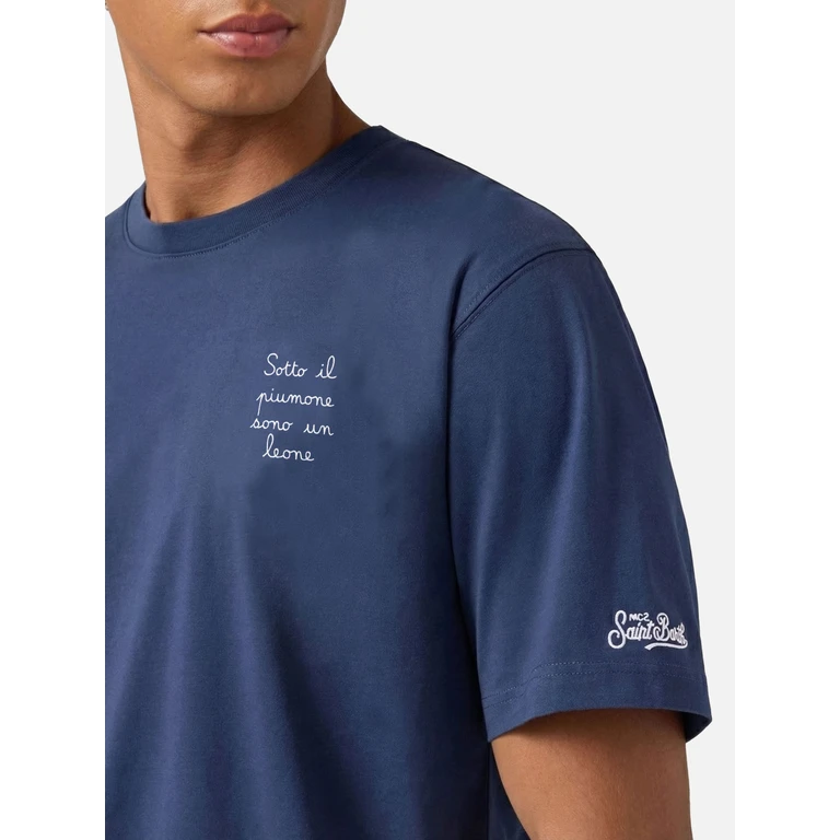 Mc2 Saint Barth Arnott Cotton T-Shirt Blue With Sotto Il Piumone Sono Un Leone Embroidery - Men
