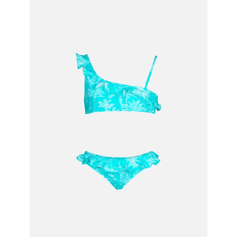 Mc2 Saint Barth Girl One Shoulder Toile De Jouy Ruffled Bikini Green