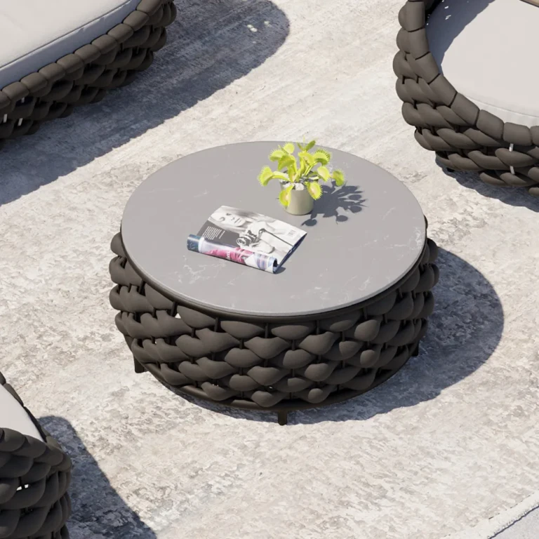 Modern Sintered Stone Top Round Outdoor Coffee Table with Textilene Rope Woven Base in Gray