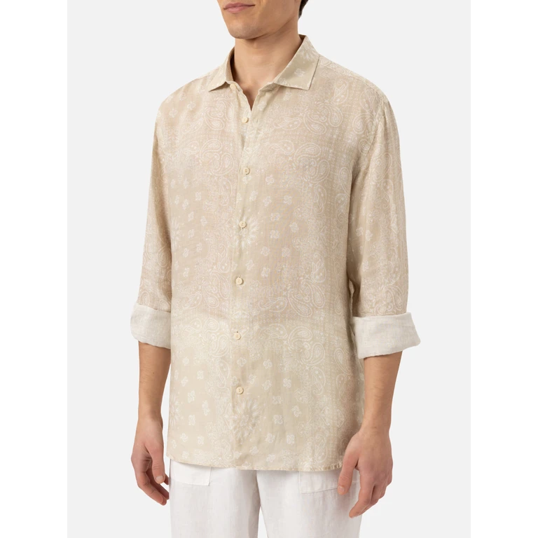 Mc2 Saint Barth Linen Shirt Pamplona With Bandana Print Beige - Men