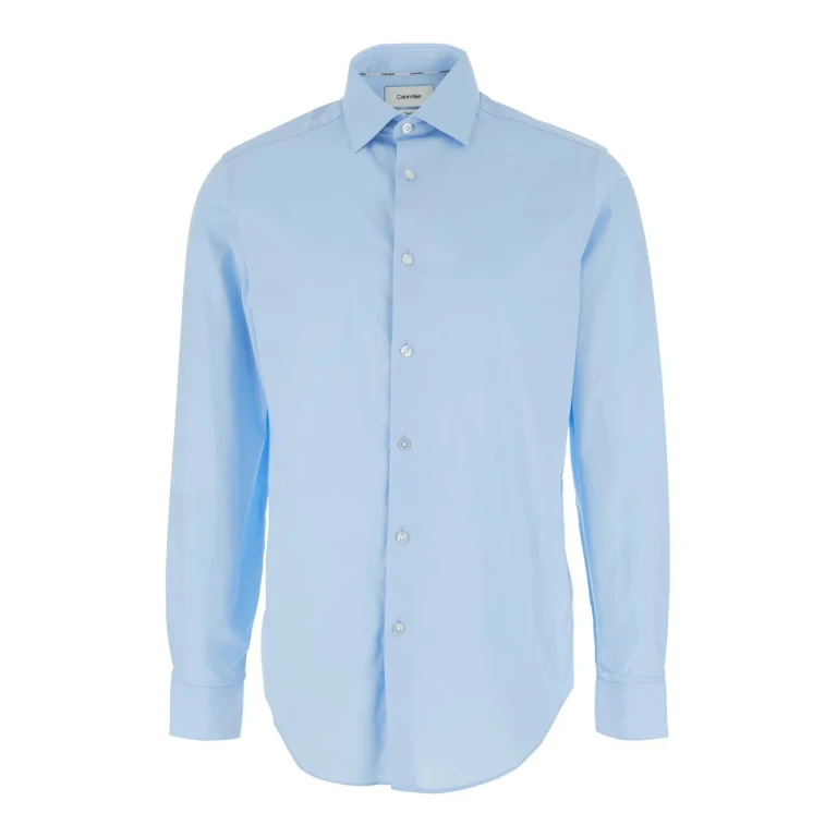 Calvin Klein Light Blue Shirt With Classic Collar And Curved Hem In Cotton Stretch Man