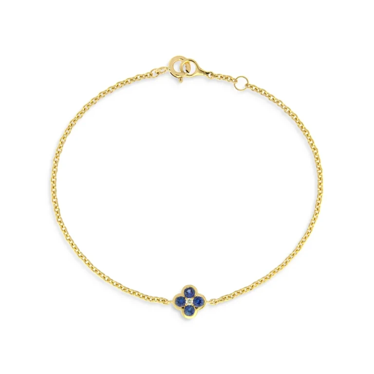 Sapphire & Diamond Bezel Clover Adjustable Chain Bracelet in 14K Yellow Gold
